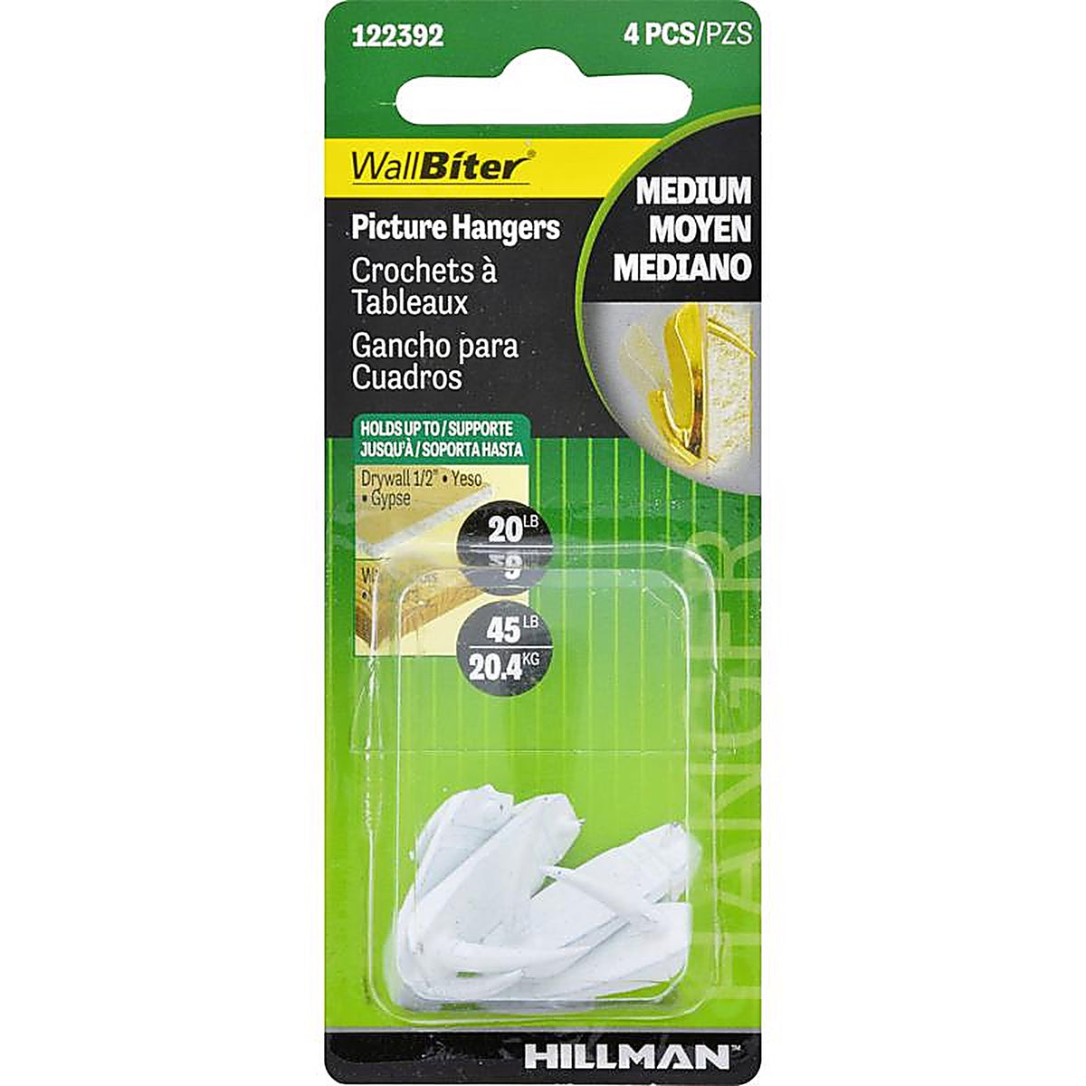 Hillman - 122392 - WallBiter Brass-Plated Small Picture Hook 45 lb 4 pk