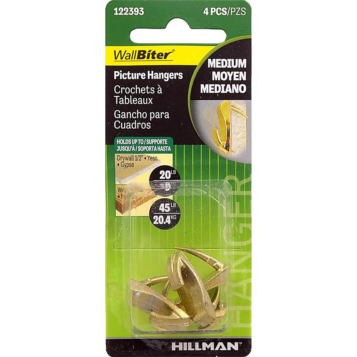Hillman - 122393 - WallBiter Brass-Plated Silver Small Picture Hook 45 lb 4 pk