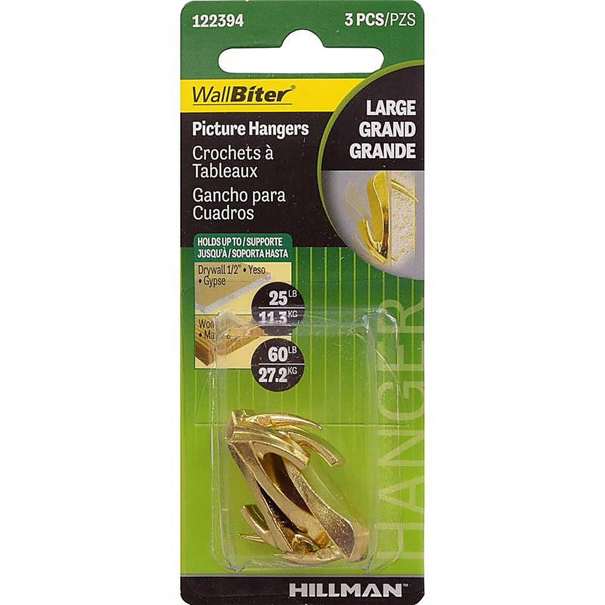 Hillman - 122394 - WallBiter Brass-Plated Silver Large Picture Hook 60 lb 3 pk