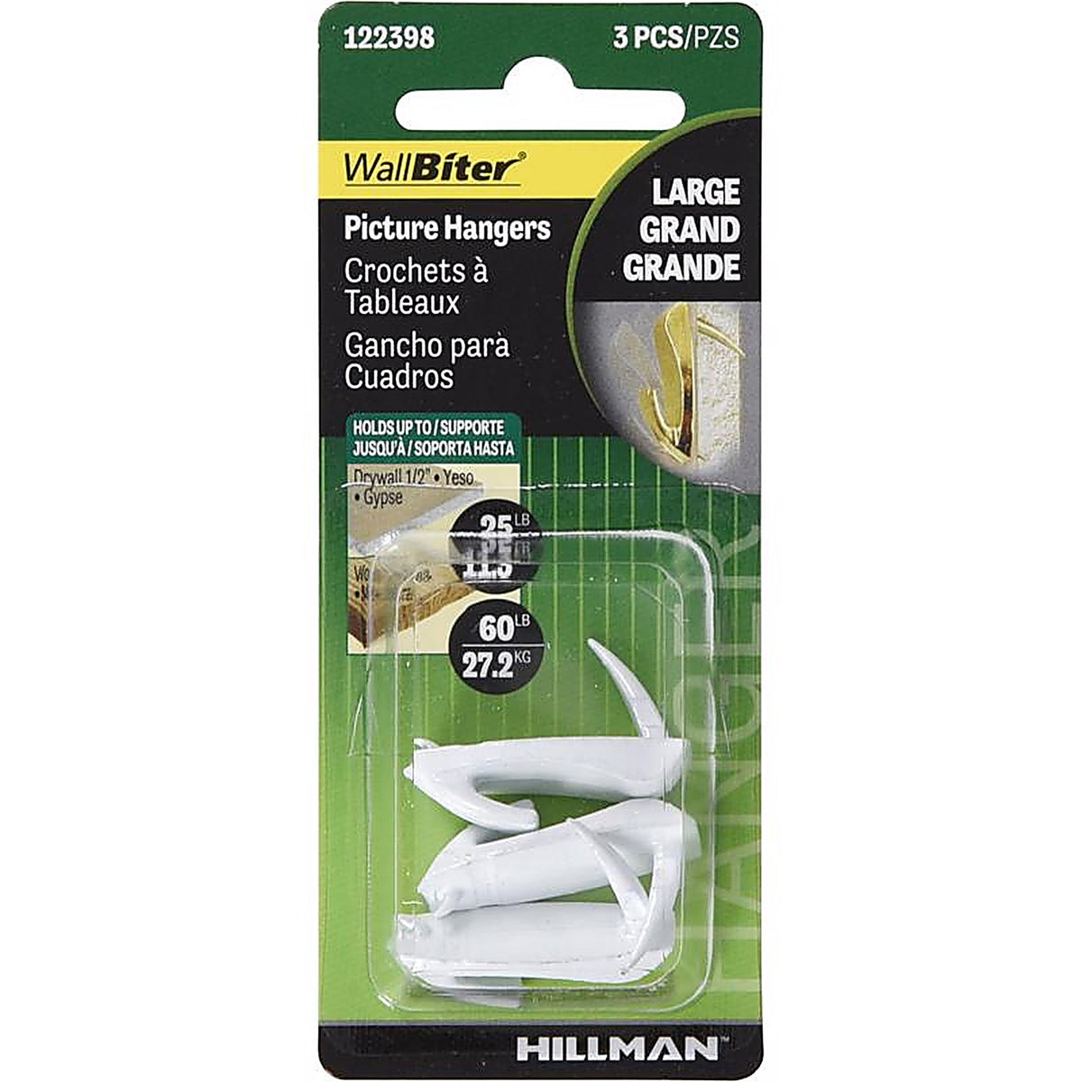 Hillman - 122398 - WallBiter Brass-Plated Large Picture Hook 60 lb 3 pk