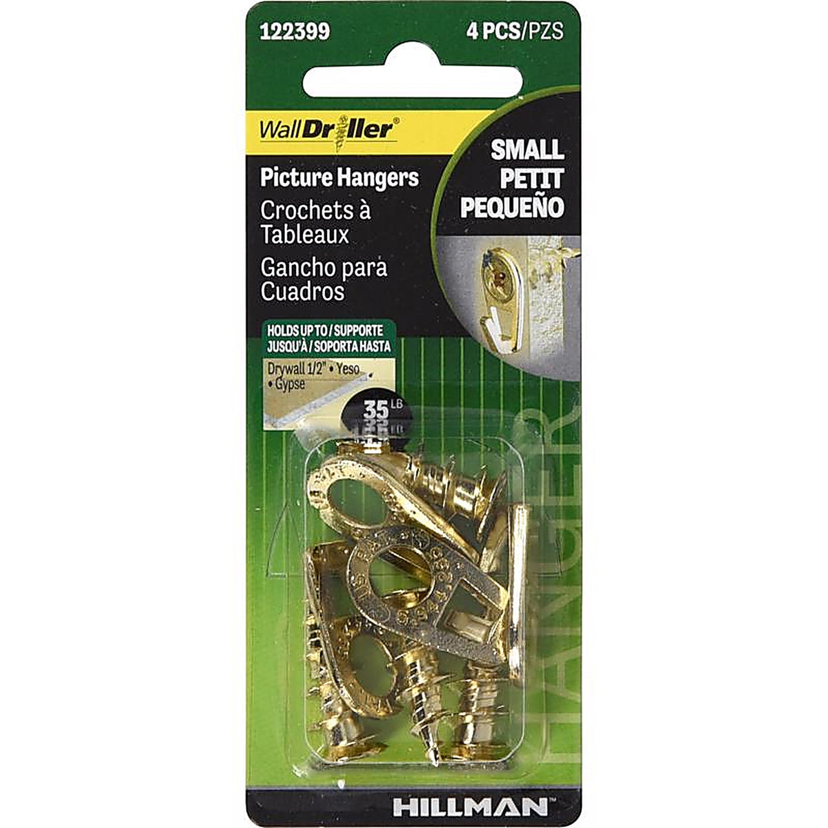 Hillman - 122399 - WallDriller Gold Drywall Picture Hook 35 lb 4 pk