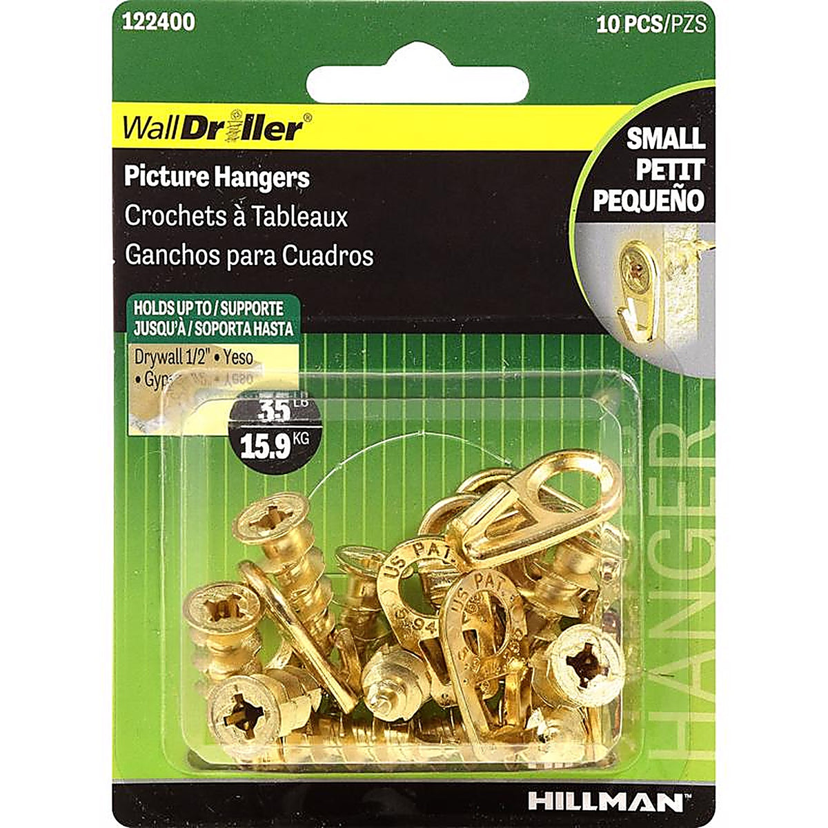 Hillman - 122400 - WallDriller Brass-Plated Gold Drywall Picture Hook 35 lb 10 pk