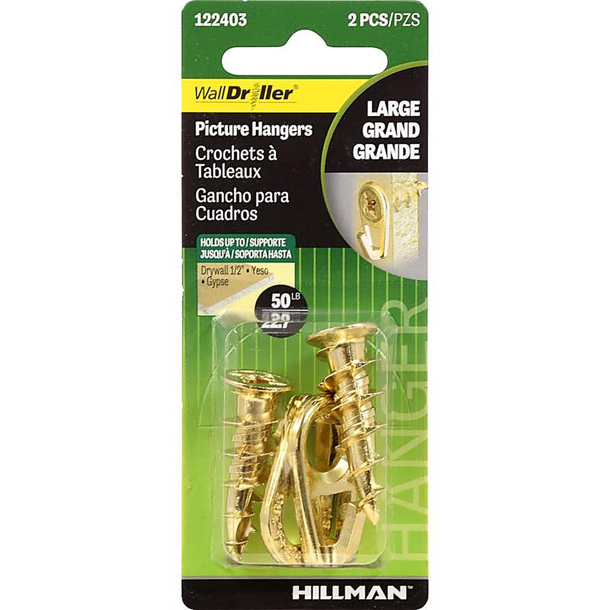Hillman - 122403 - WallDriller Brass-Plated Gold Drywall Picture Hook 50 lb 2 pk