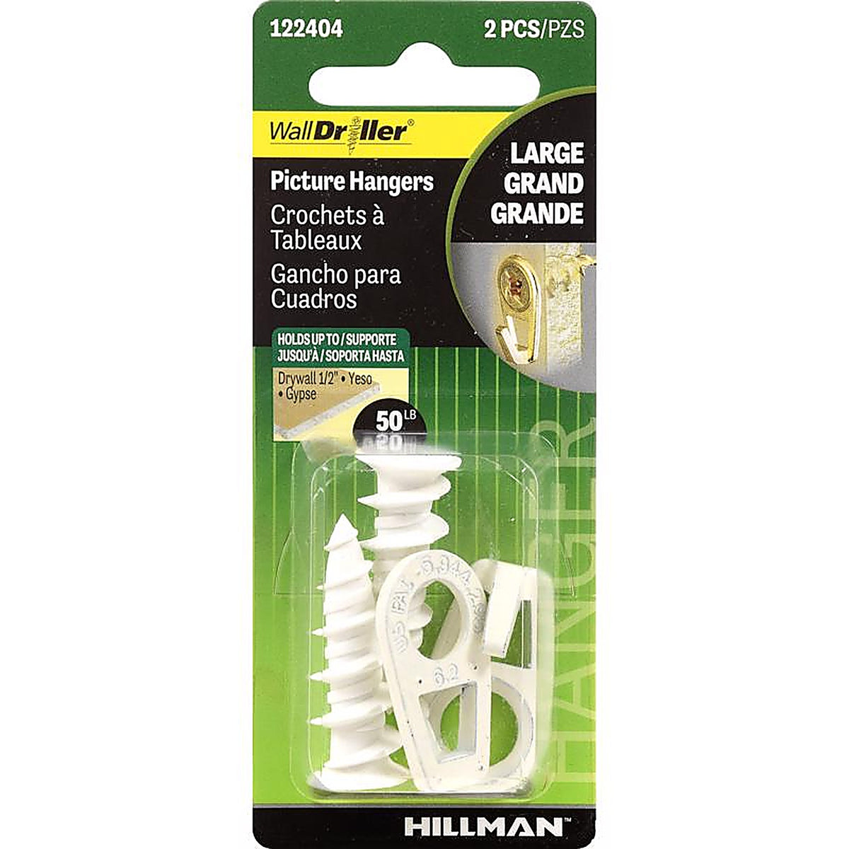 Hillman - 122404 - WallDriller White Drywall Picture Hook 50 lb 2 pk
