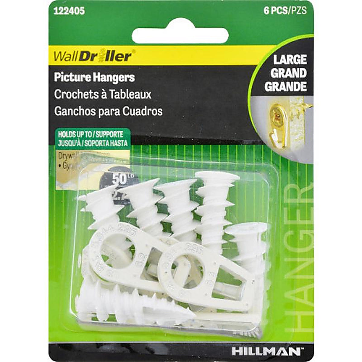 Hillman - 122405 - Wall Driller Brass-Plated White Drywall Picture Hook 50 lb 6 pk