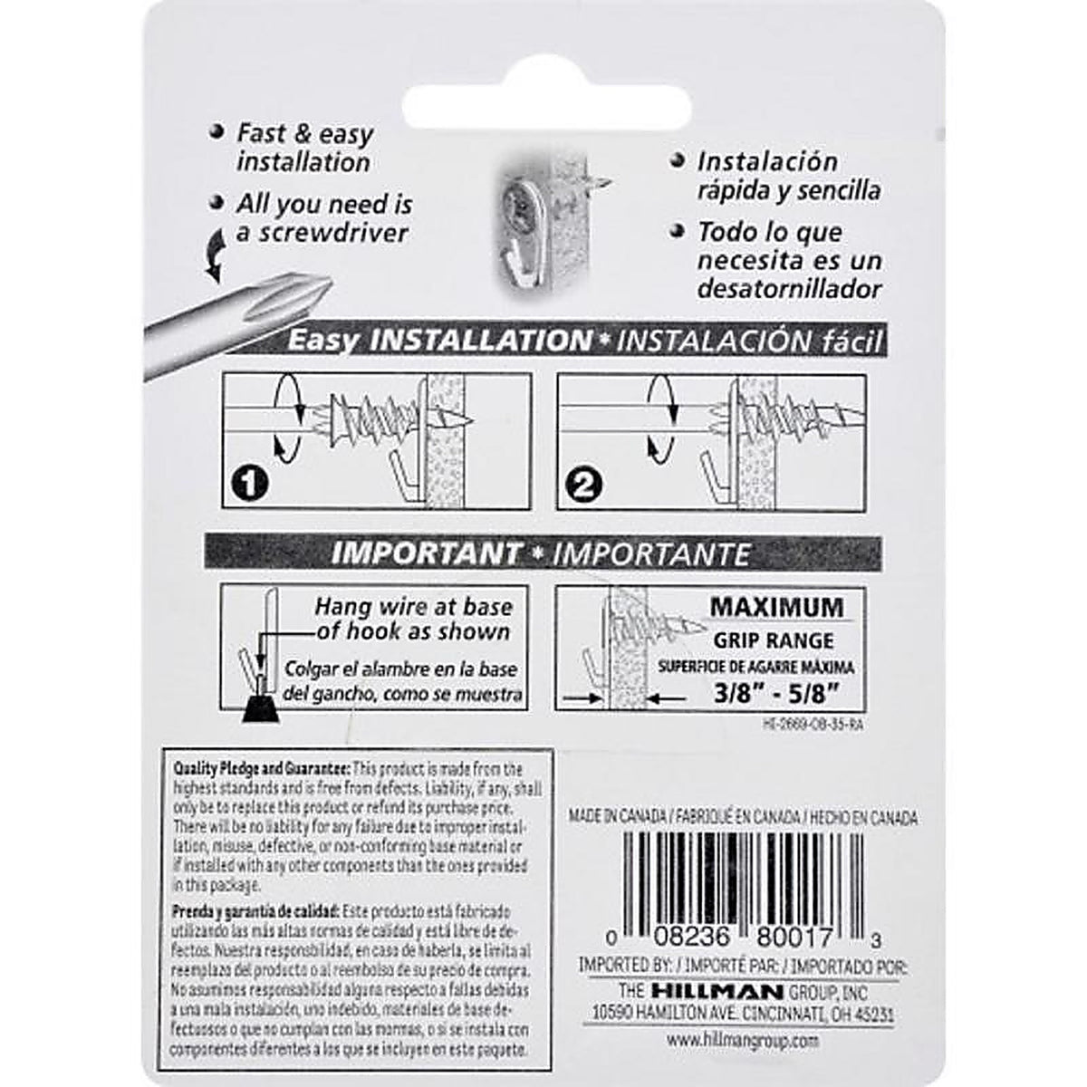 Hillman - 122405 - Wall Driller Brass-Plated White Drywall Picture Hook 50 lb 6 pk