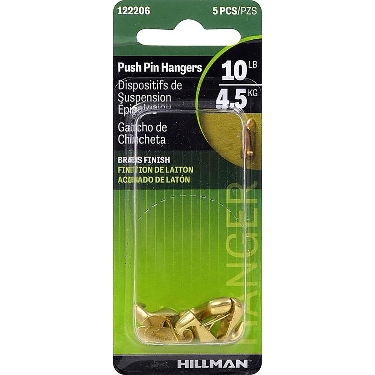 Hillman - 122206 - AnchorWire Brass-Plated Gold Push Pin Picture Hook 10 lb 5 pk