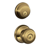 Schlage - FB50NVGEO609 - Georgian Antique Brass Knob and Single Cylinder Deadbolt ANSI Grade 2 1-3/4 in.