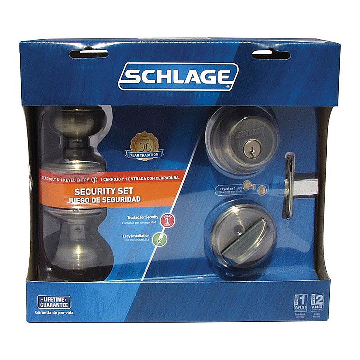Schlage - FB50NVGEO609 - Georgian Antique Brass Knob and Single Cylinder Deadbolt ANSI Grade 2 1-3/4 in.