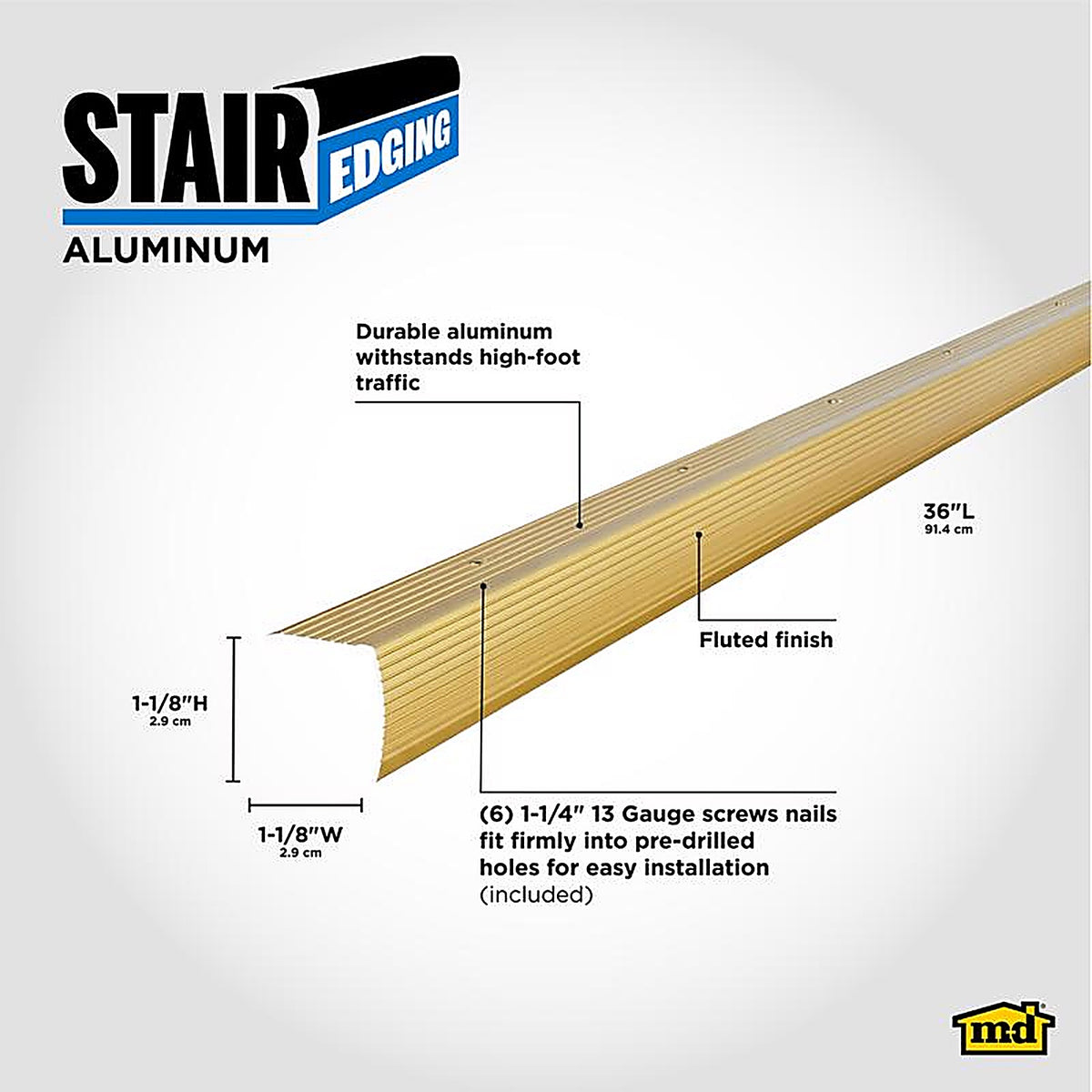 M-D - 79020 - 1-1/8 in. H X 36 in. L Prefinished Satin Brass Aluminum Stair Edge