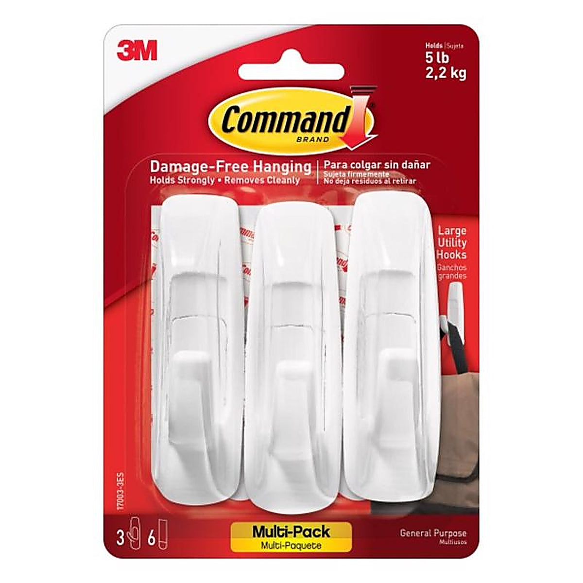 3M - 17003-3ES - Command White Utility Hooks 5 lb. - 3/Pack
