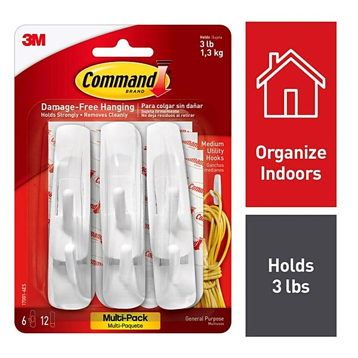 3M - 17001-6ES - Command Medium Plastic Hook 3-7/8 in. L - 6/Pack