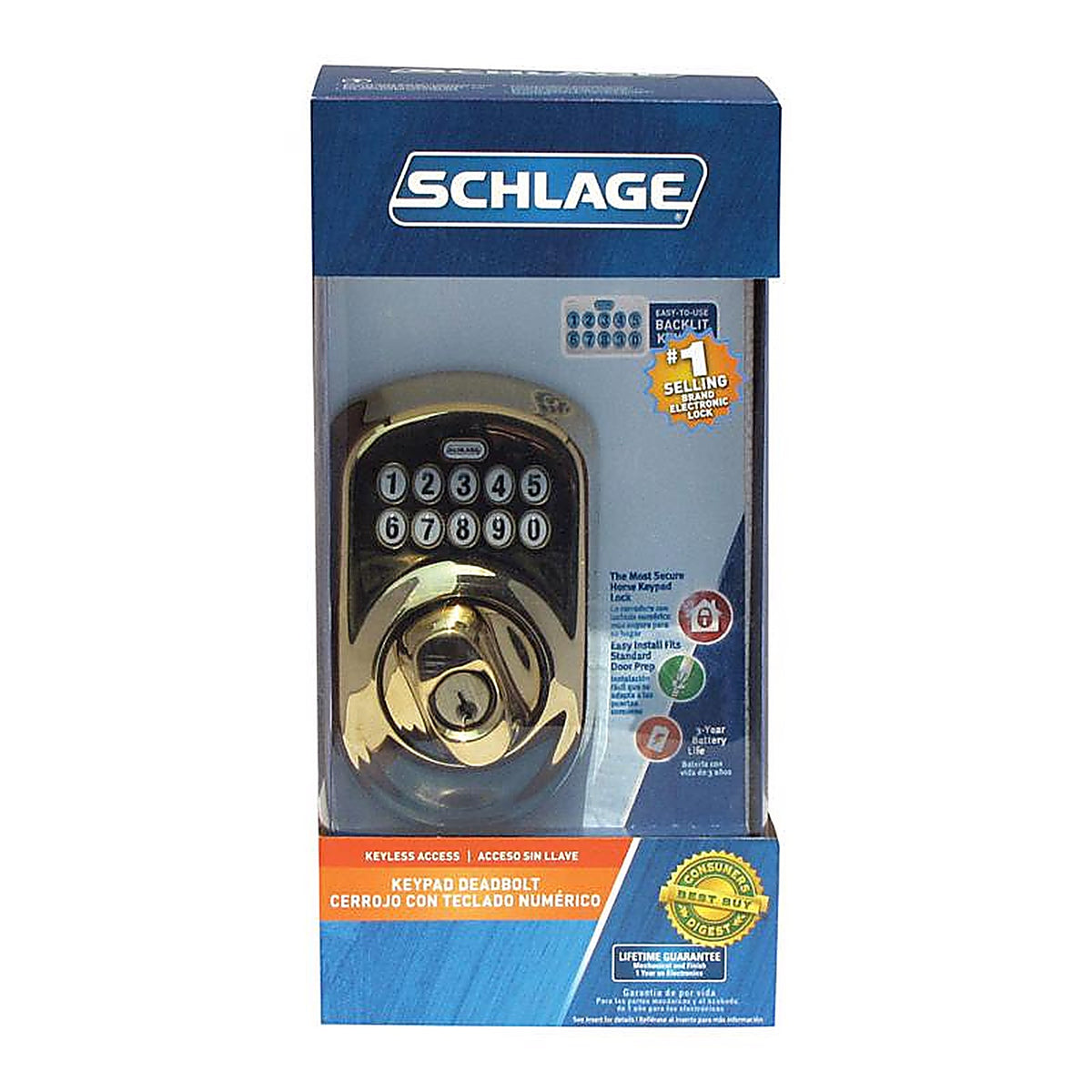 Schlage - BE365VPLY505 - Bright Brass Steel Electronic Deadbolt