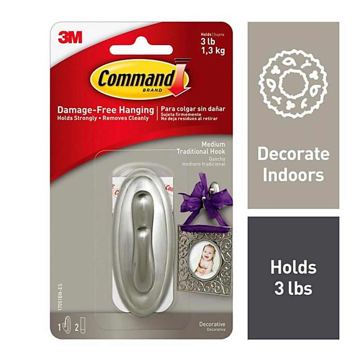 3M - 17051BN-ES - Command Medium Plastic Hook 3-1/8 in. L - 1/Pack