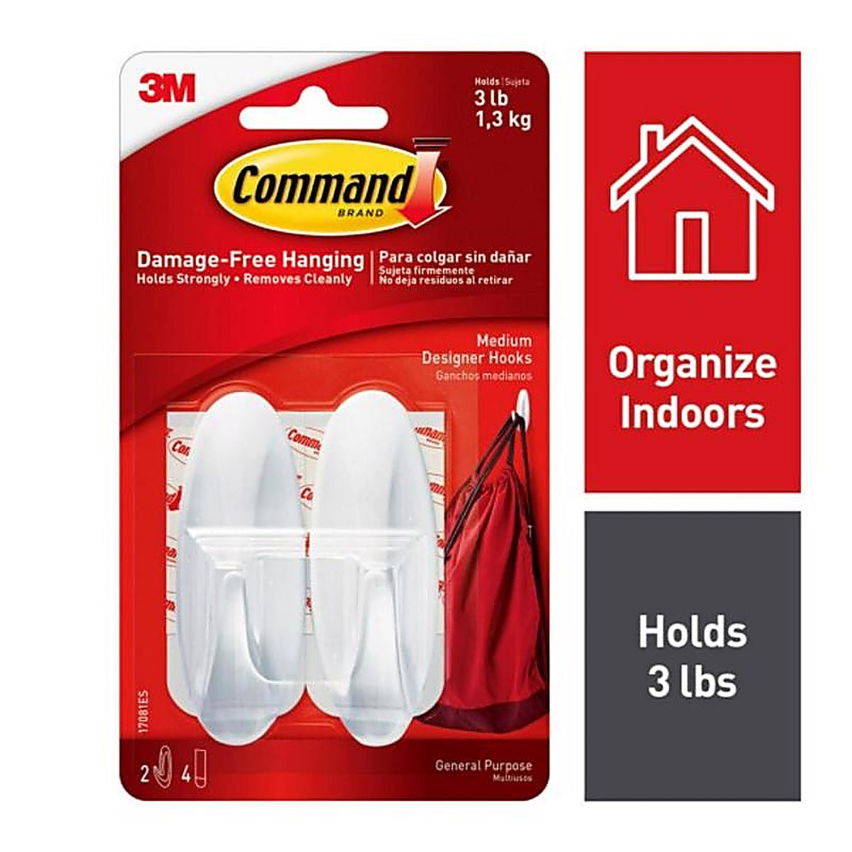 3M - 17081ES - Command Medium Plastic Designer Hooks 3-1/8 in. L - 2/Pack