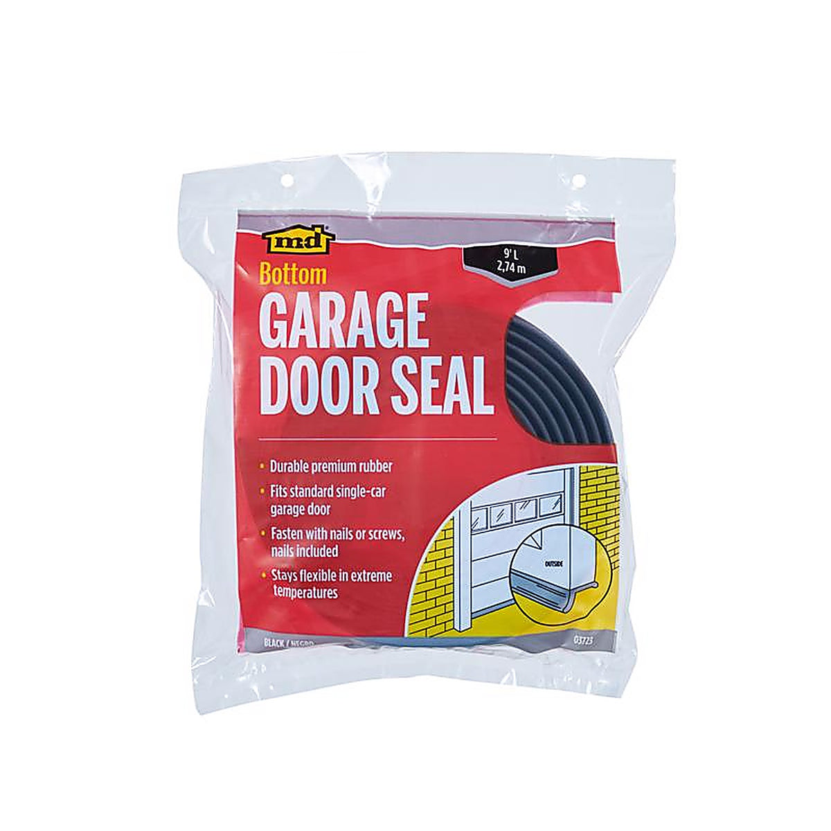 M-D - 3723 - Black Rubber Door Set Seal For Garage Doors, Garage Doors 9 ft. L x 1 in.