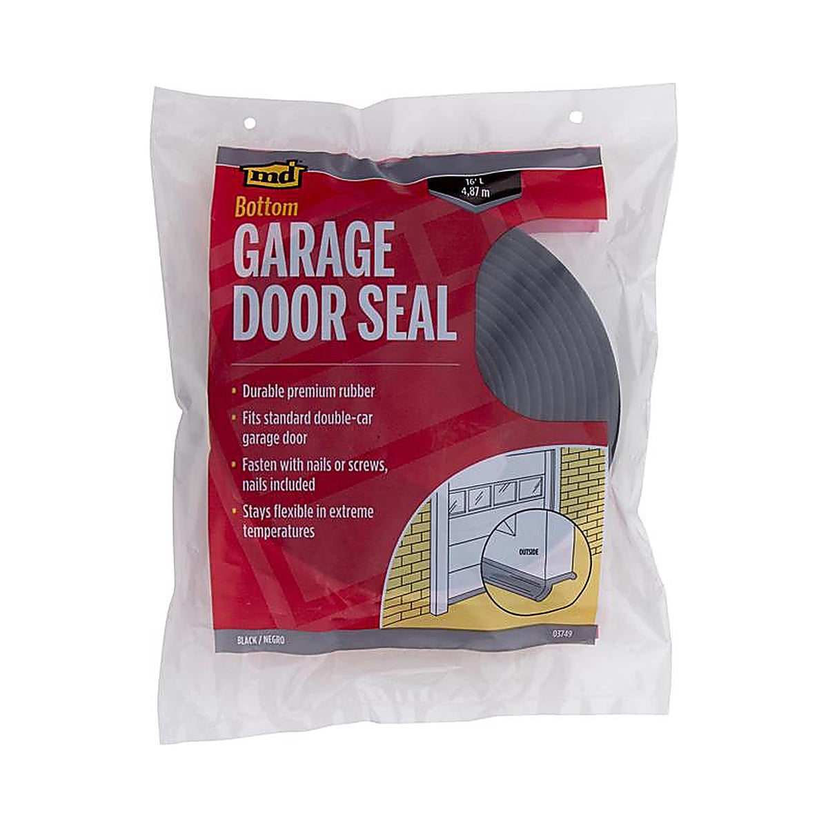 M-D - 3749 - Black Rubber Door Set Seal For Garage Doors, Garage Doors 16 ft. L x 1 in.