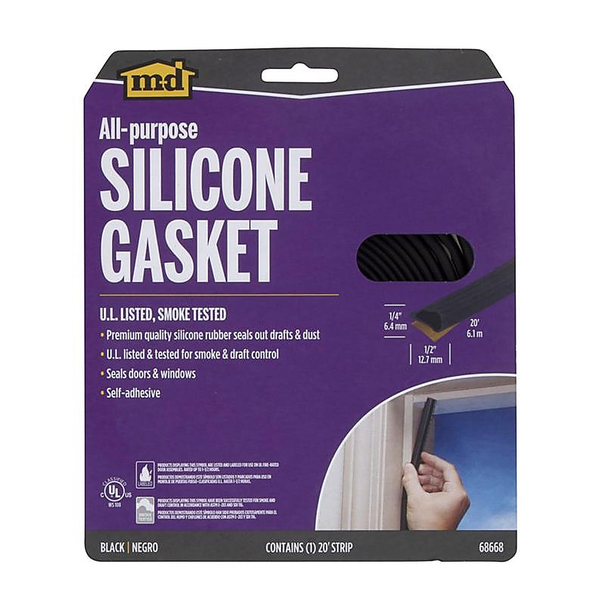 M-D - 68668 - Black Silicone Weatherstrip For Doors, Doors 20 ft. L x 1/4 in.