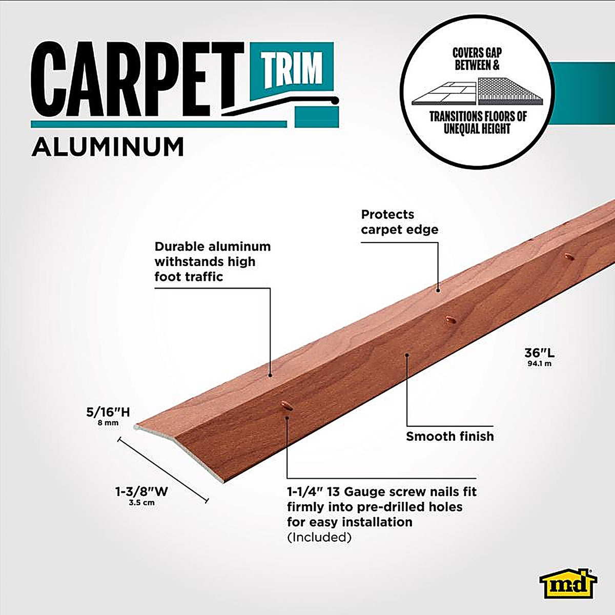 M-D - 40124 - 0.38 in. H x 36 in. L Prefinished Brown Aluminum Carpet Trim