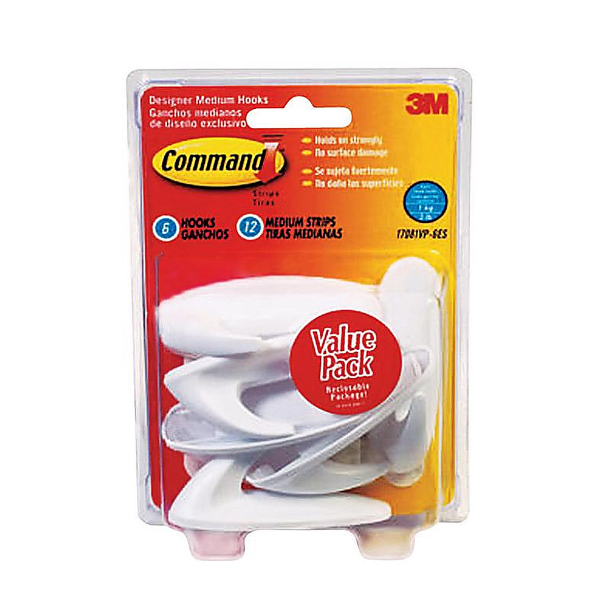 3M - 17081-6ES - Medium Plastic Designer Hooks 3-1/8 in. L - 6/Pack