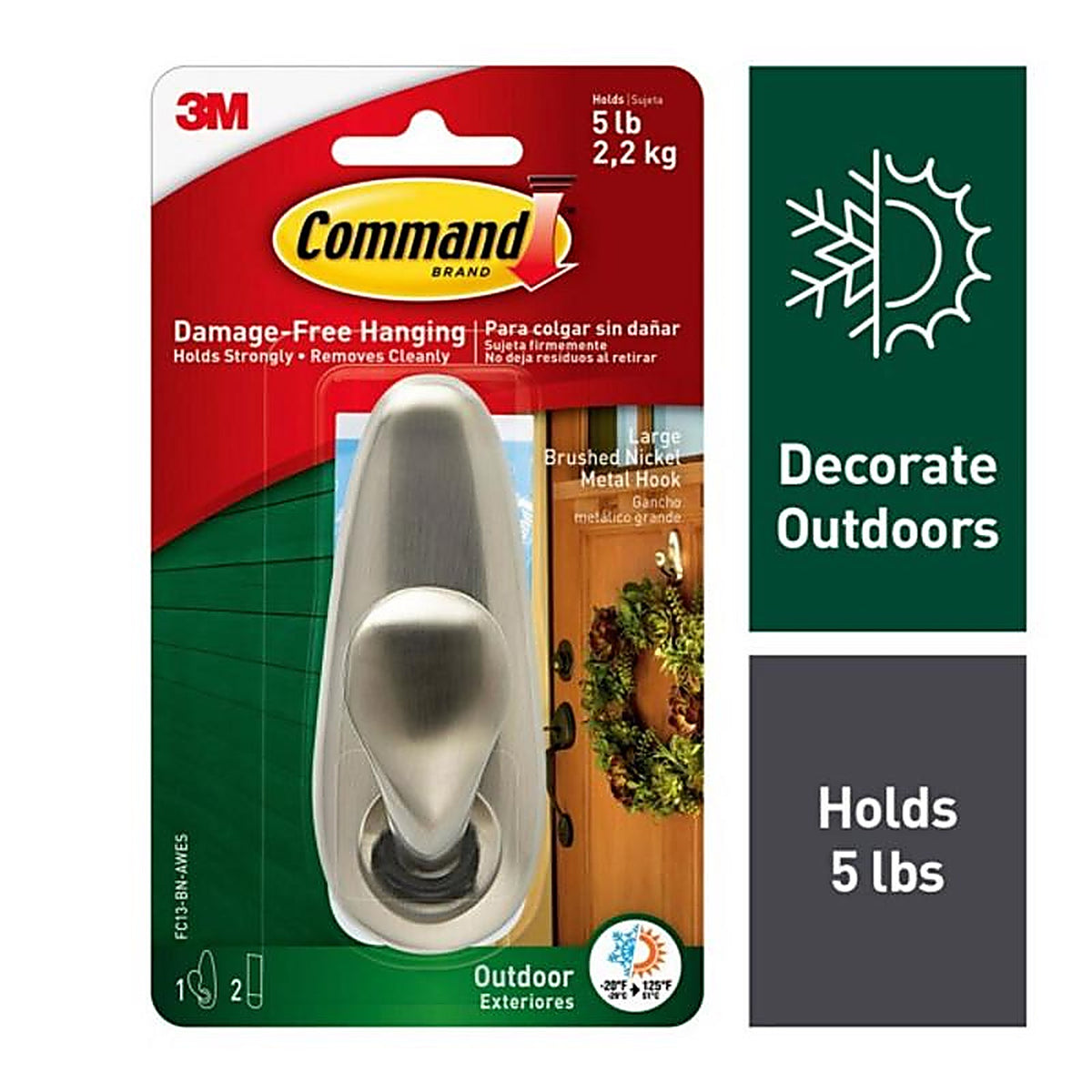 Command - FC13-BN-AWES - 1.62 in. L Brushed Nickel Metal Large Hook 5 lb. cap. 1 pk