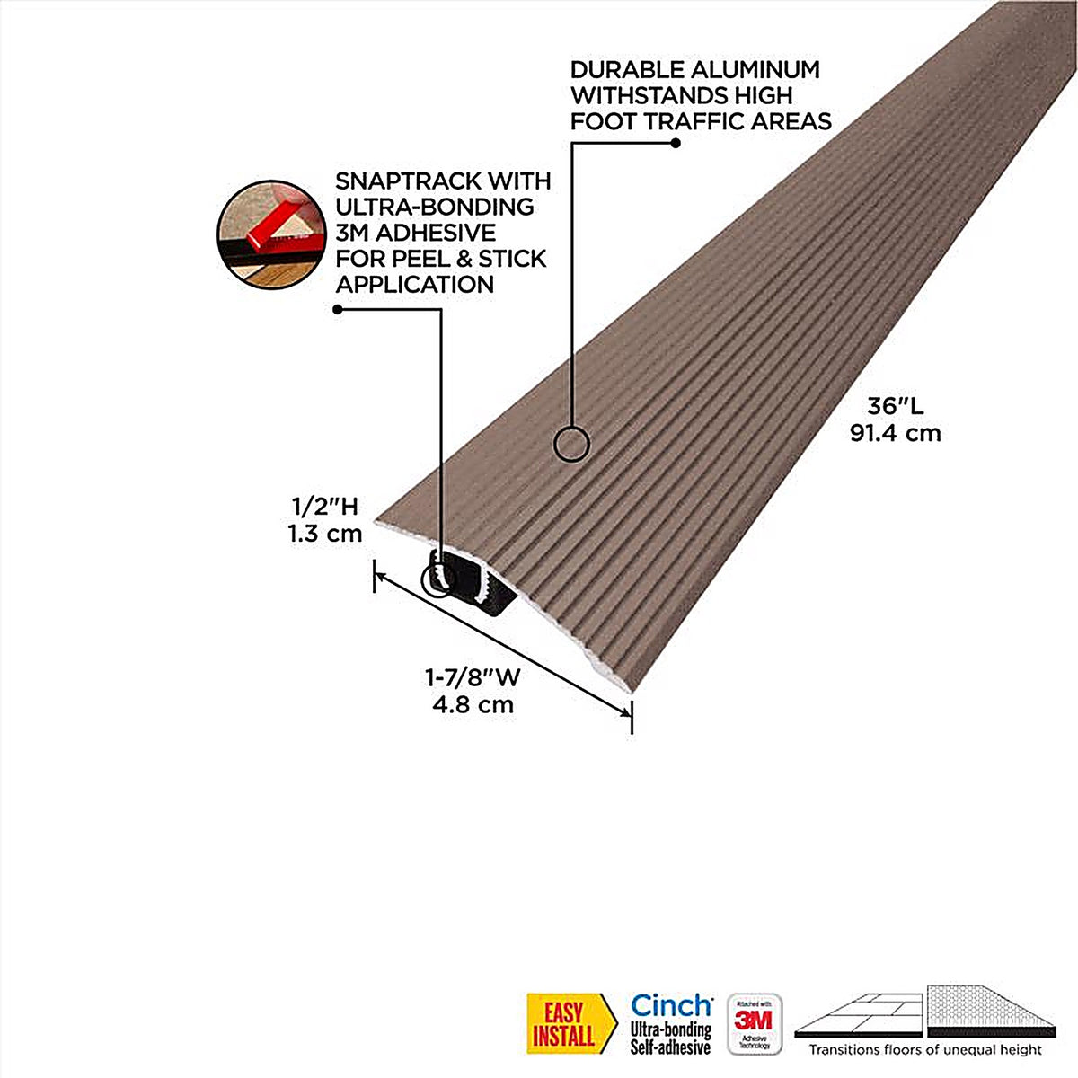 M-D - 43319 - Cinch 1/2 in. H x 36 L Prefinished Brown Aluminum Reducer Transition Strip