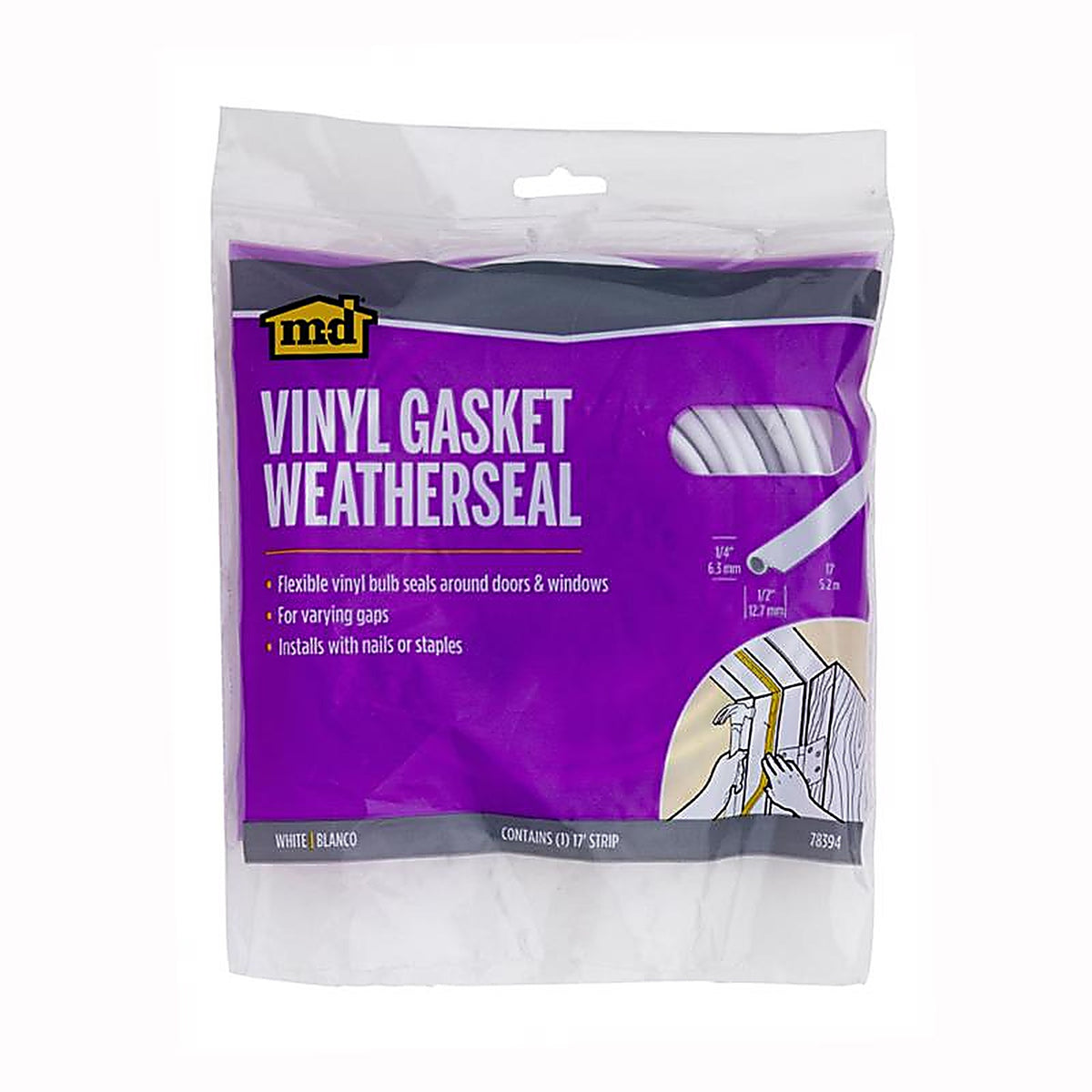M-D - 78394 - White Vinyl Gasket Weatherstrip For Doors and Windows, Doors and Windows 17 ft. L x 1/2 in.