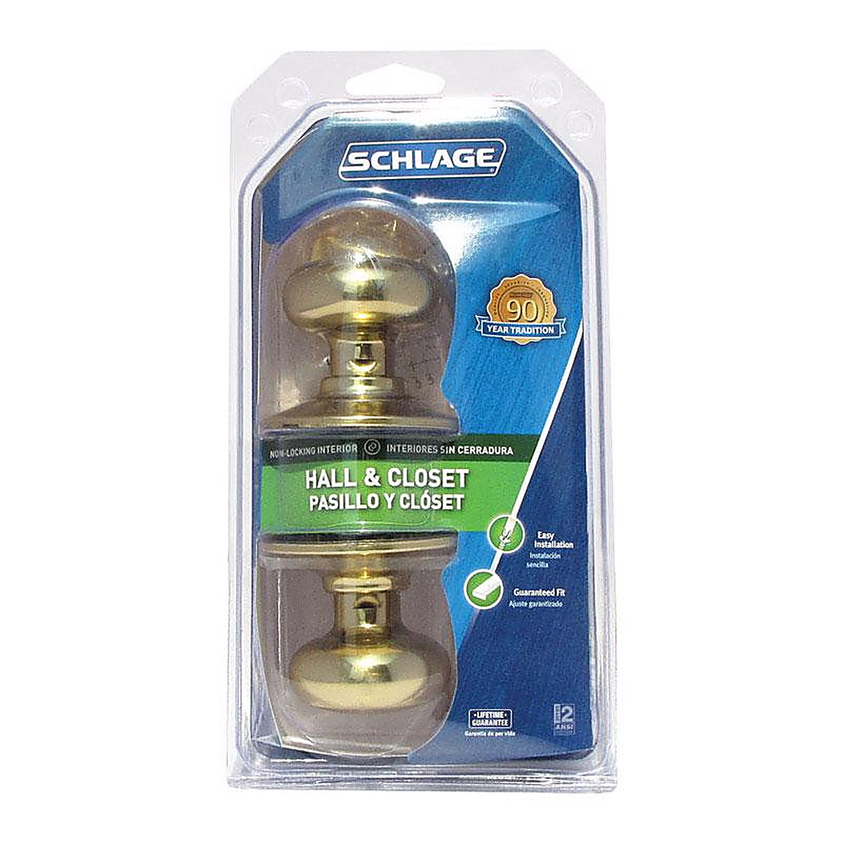 Schlage - F10VPLY605 - Plymouth Bright Brass Passage Lockset ANSI Grade 2 1-3/4 in.