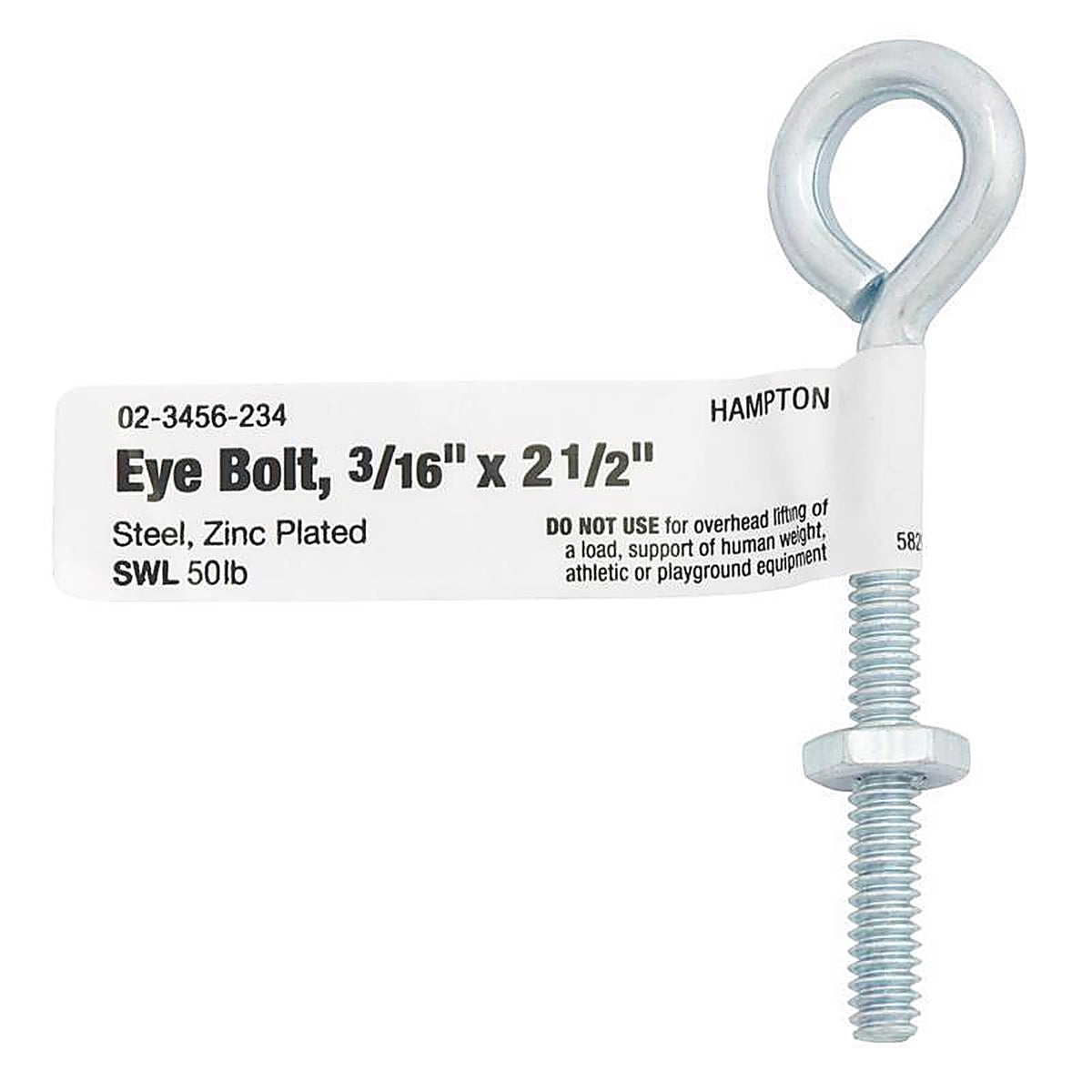 Hampton - 02-3456-234 - 3/16 in. x 2-1/2 in. L Zinc-Plated Steel Eyebolt Nut Included