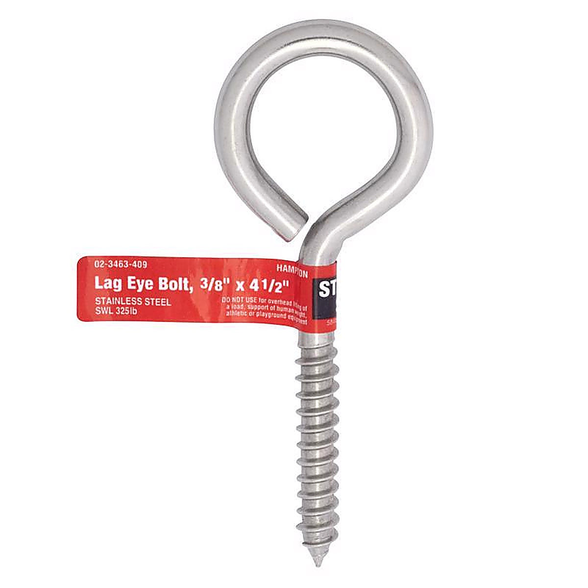 Hampton - 02-3463-409 - 3/8 in. x 4-1/2 in. L Stainless Stainless Steel Lag Thread Eyebolt