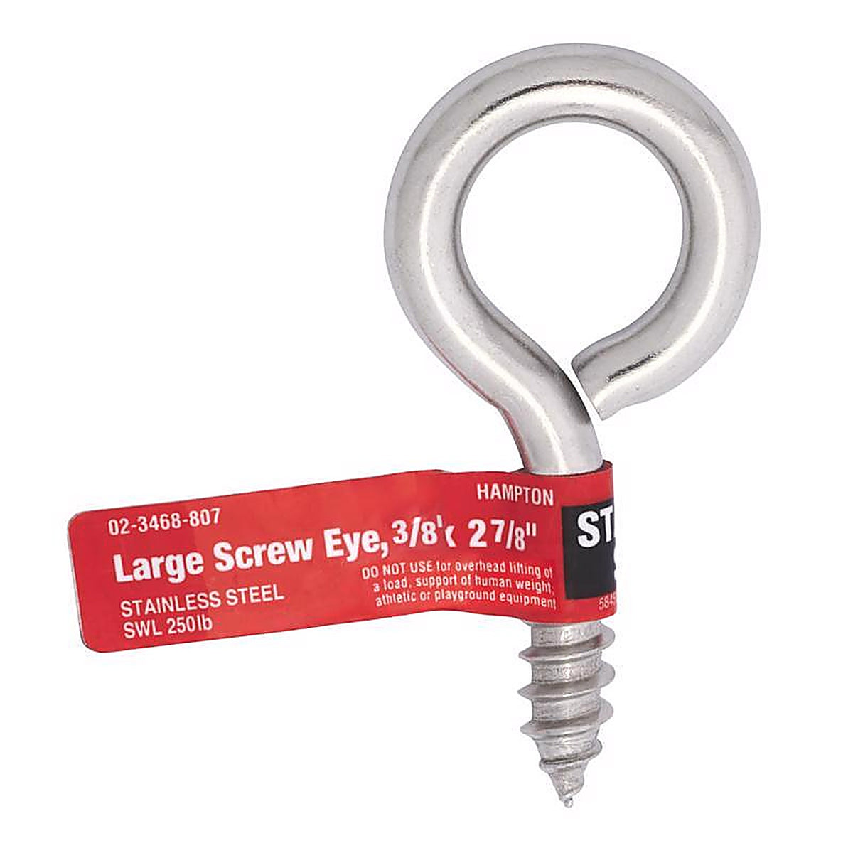 Hampton - 02-3468-807 - 3/8 in. Dia. x 2-7/8 in. L Polished Stainless Steel Screw Eye 250 lb. capacity - 1/Pack