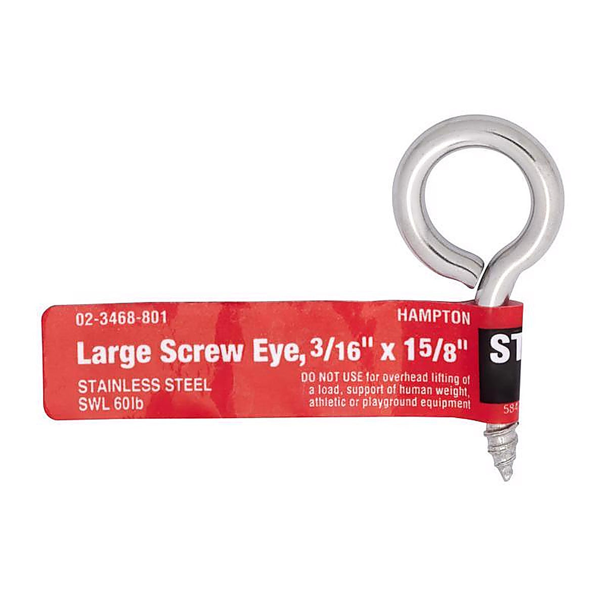 Hampton - 02-3468-801 - 3/16 in. Dia. x 1-5/8 in. L Polished Stainless Steel Screw Eye 60 lb. capacity - 1/Pack