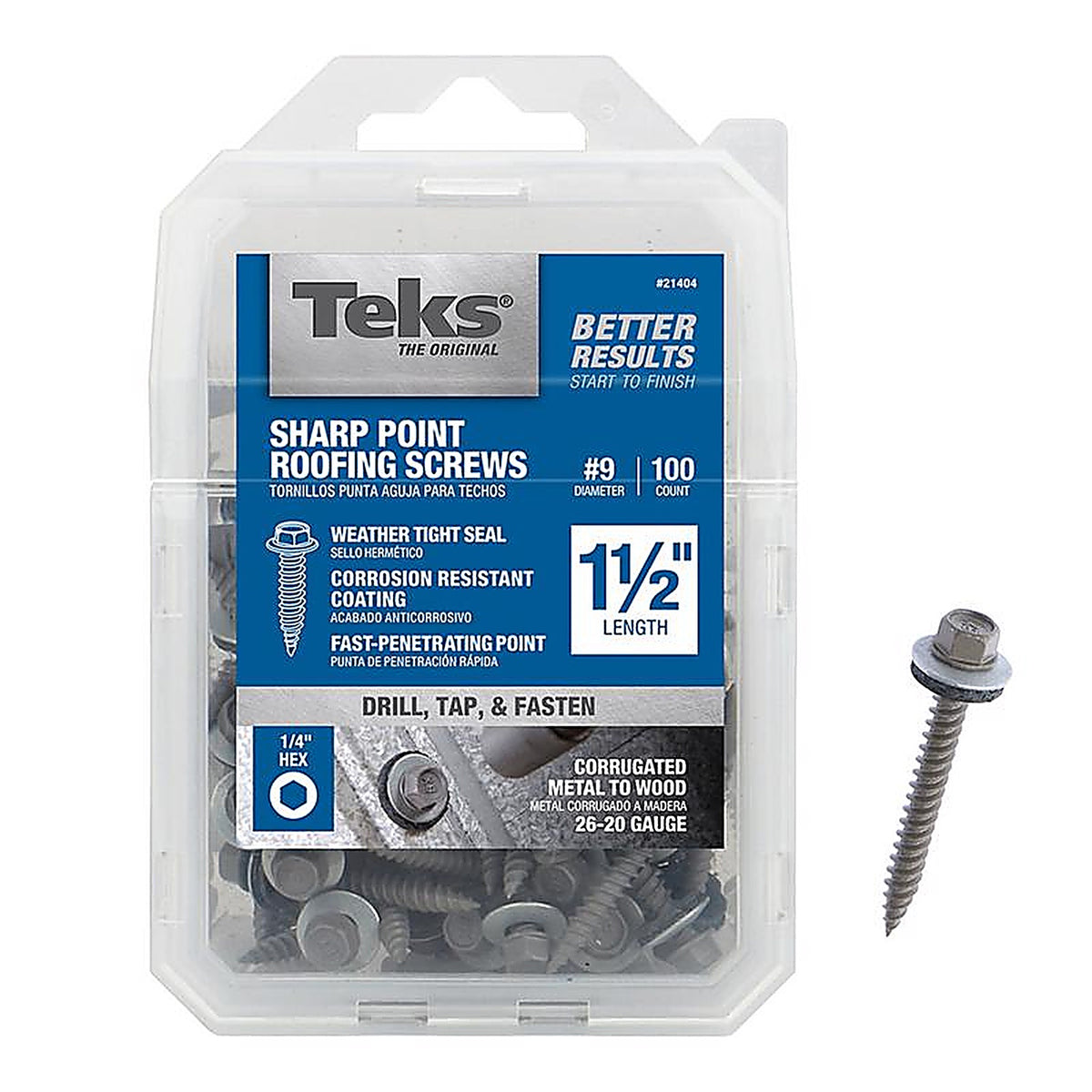 Teks - 21404 - No. 9 Sizes x 1-1/2 in. L Self-Tapping Hex Washer Head Steel Self- Drilling Screws 100 lb.