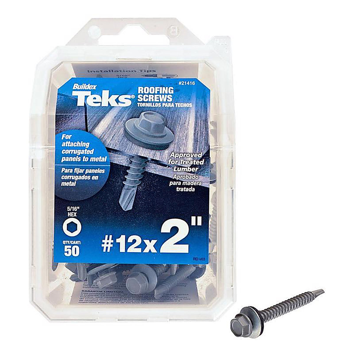 Teks - 21416 - No. 12 Sizes x 2 in. L Self-Tapping Hex Washer Head Steel Self- Drilling Screws - 50/Pack