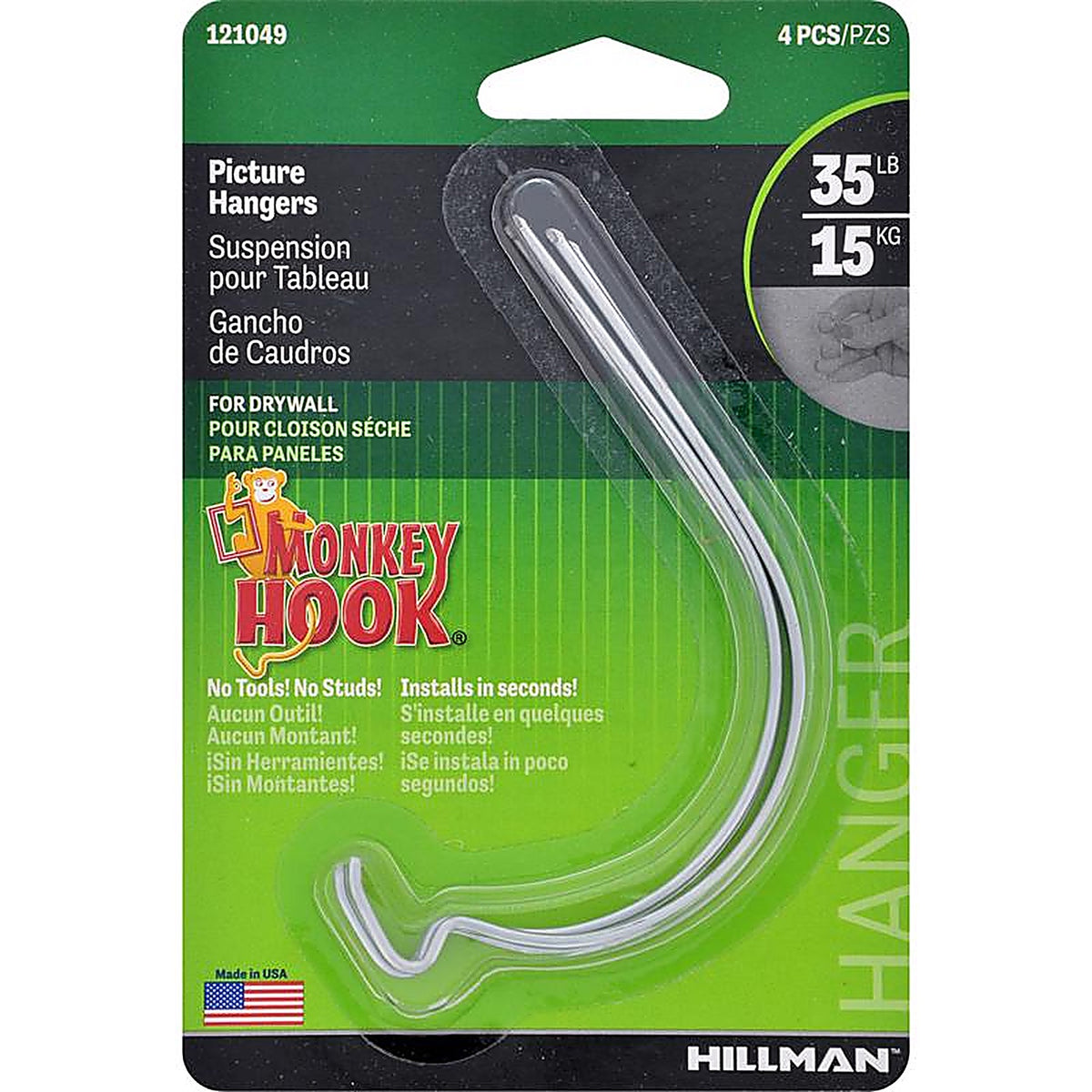 Hillman - 121049 - Monkey Hook Silver Picture Hanger 35 lb 4 pk
