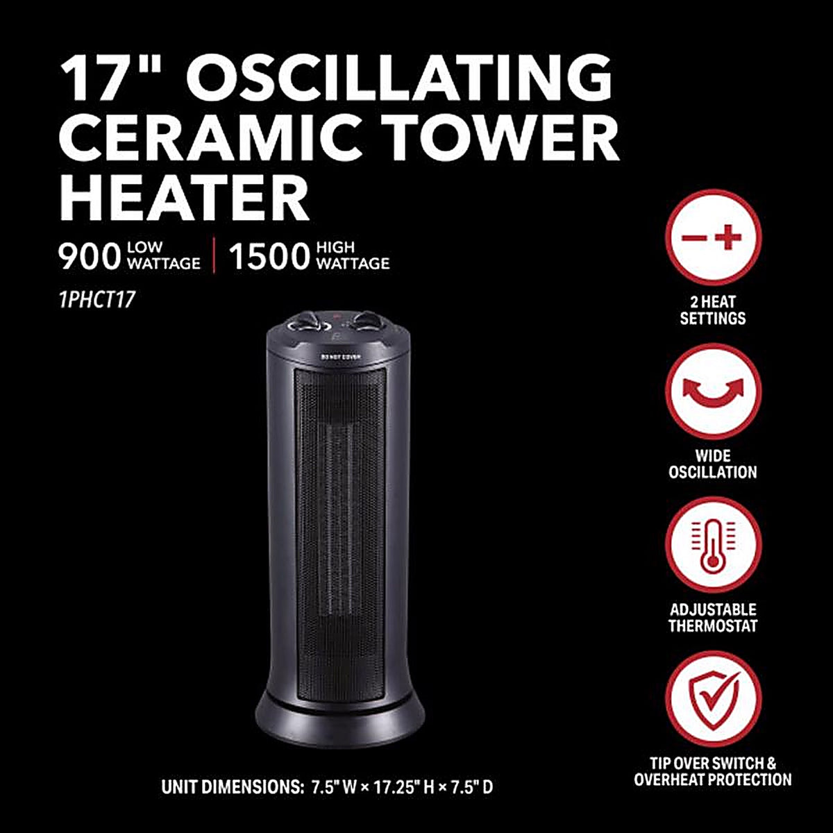 Perfect Aire - 1PHCT17 - 128 sq ft Electric Oscillating Tower Space Heater 5120 BTU