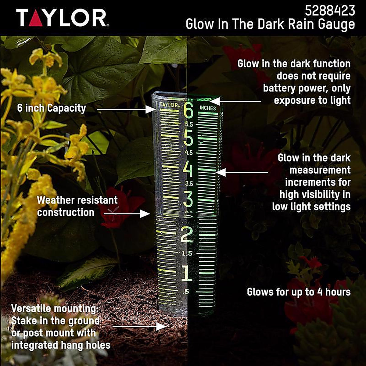 Taylor - 5288423 - ClearVu Glow in the Dark Rain Gauge/Sprinkler Ground 1.18 in. W X 2.76 in. L