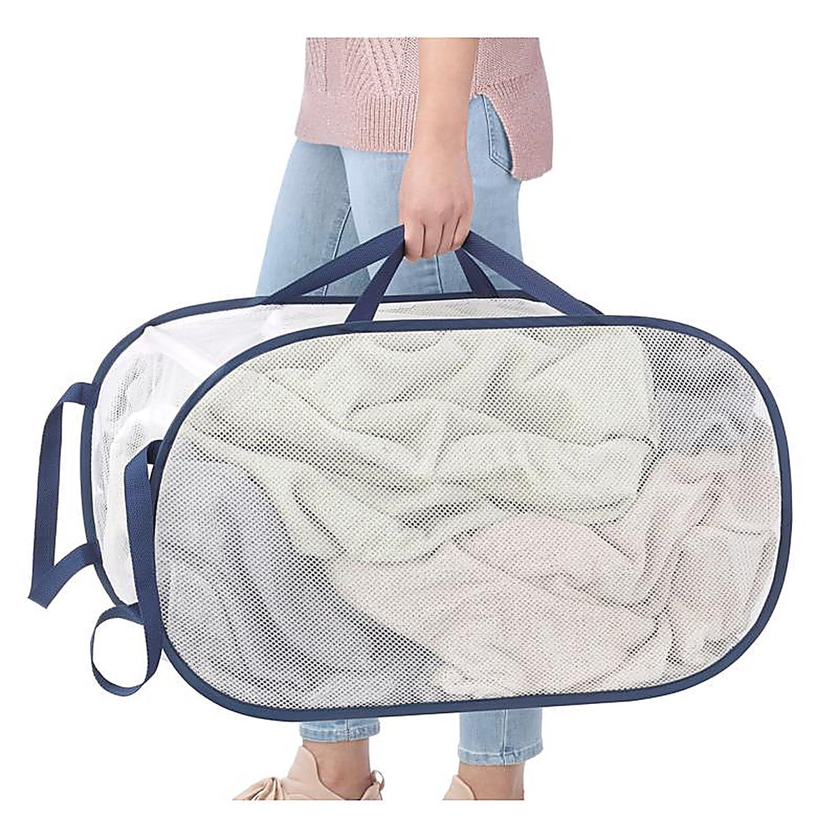 Whitmor - 5588-7485-WNVY - Blue/White Fabric Collapsible Hamper 9.5 in