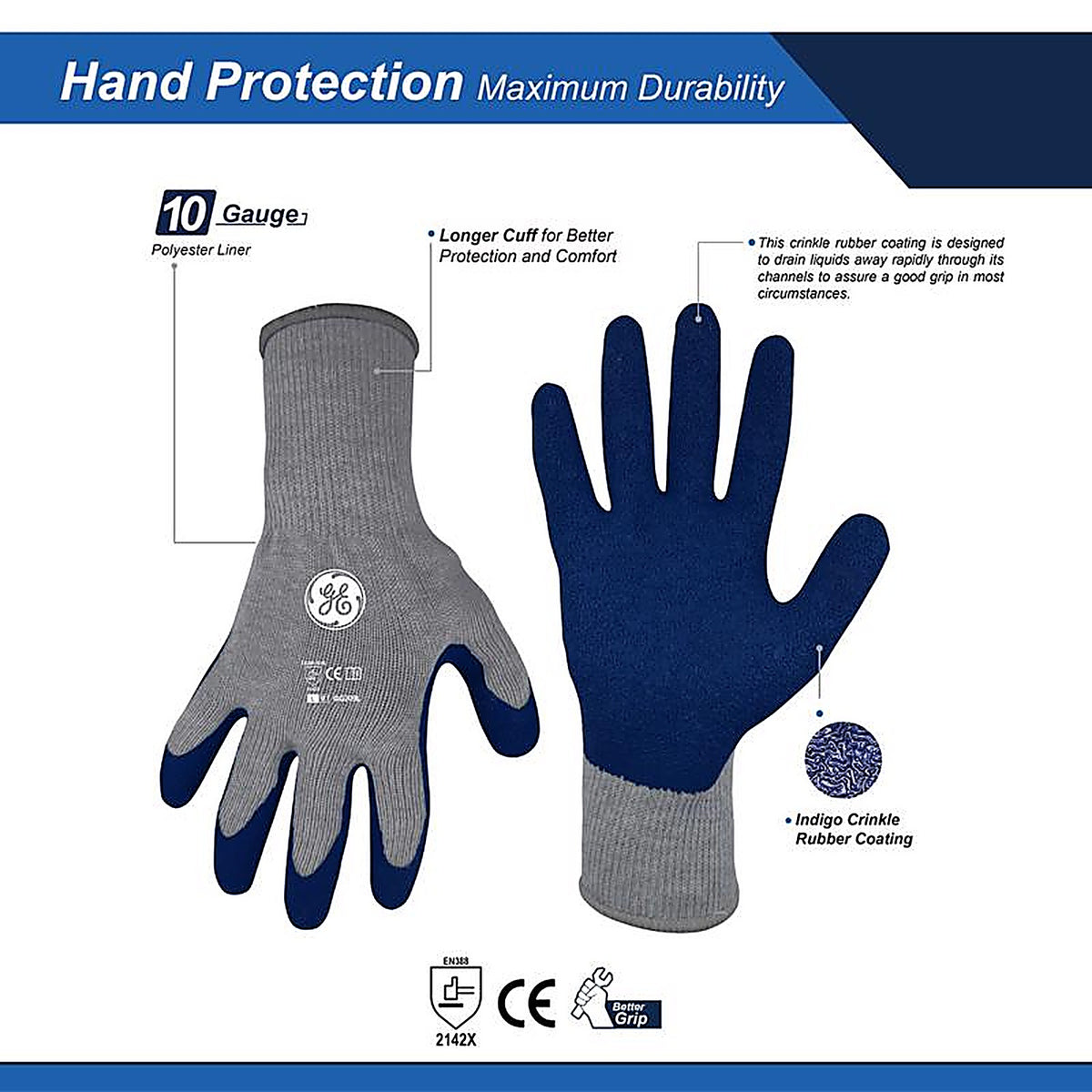 GE - GG209LC - Unisex Crinkle Dipped Gloves Blue/Gray L 1 pair