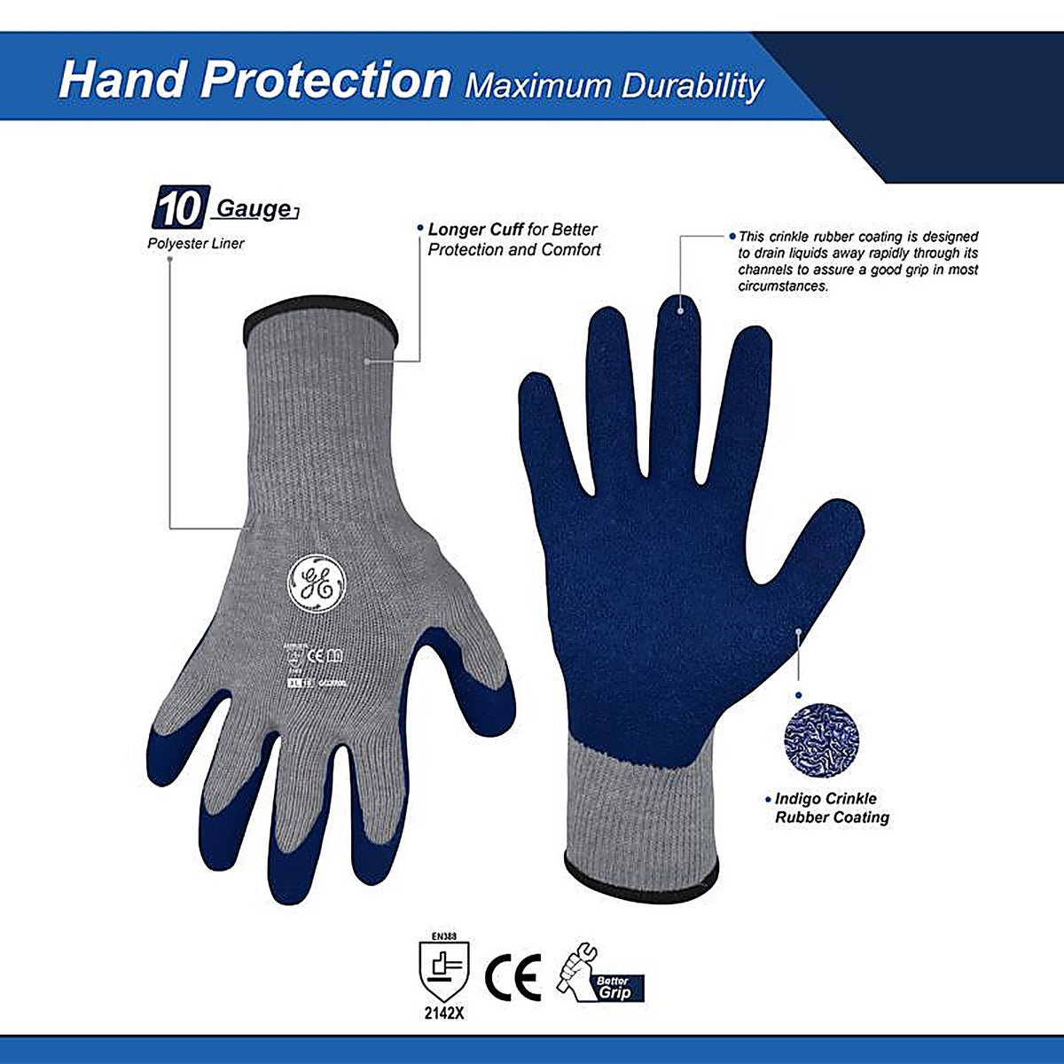 GE - GG209XLC - Unisex Crinkle Dipped Gloves Blue/Gray XL 1 pair