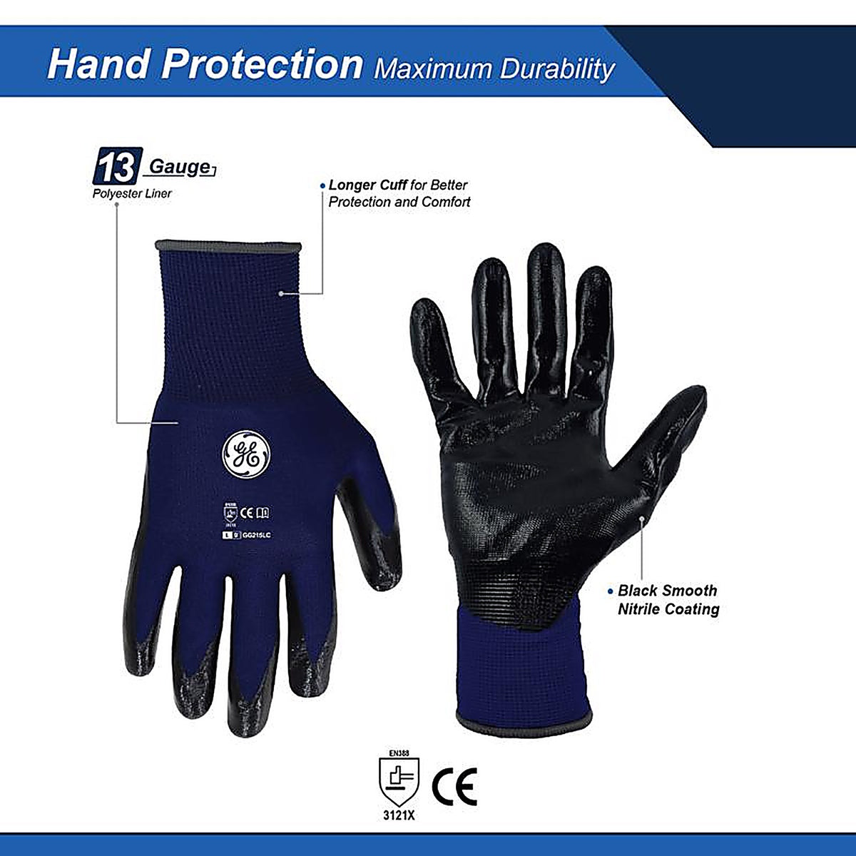GE - GG215LC - Unisex Dipped Gloves Black/Blue L 1 pair