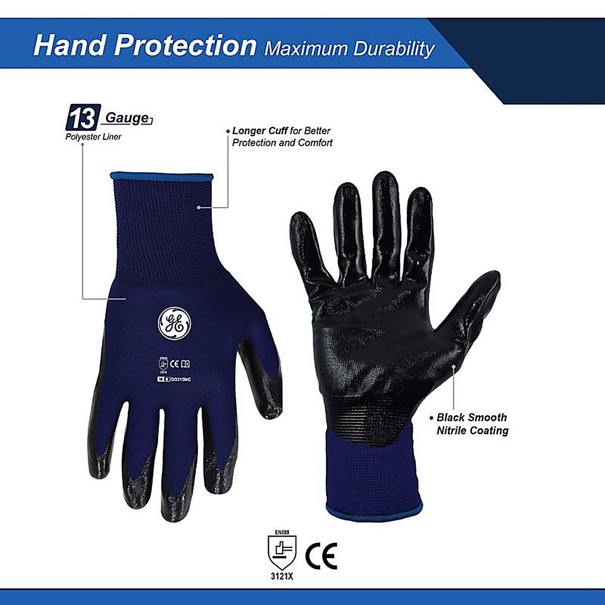 GE - GG215MC - Unisex Dipped Gloves Black/Blue M 1 pair