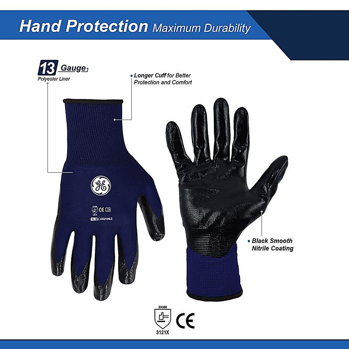 GE - GG215XLC - Unisex Dipped Gloves Black/Blue XL 1 pair