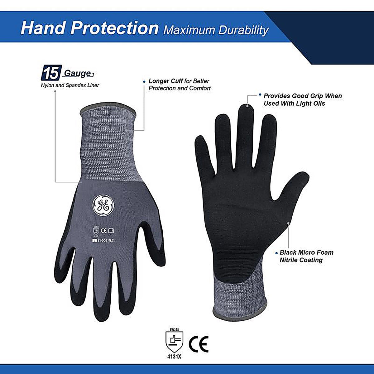 GE - GG217LC - Unisex Dipped Gloves Black/Gray L 1 pair