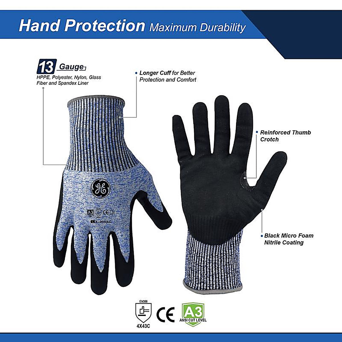 GE - GG223LC - Unisex Dipped Gloves Black/Blue L 1 pair