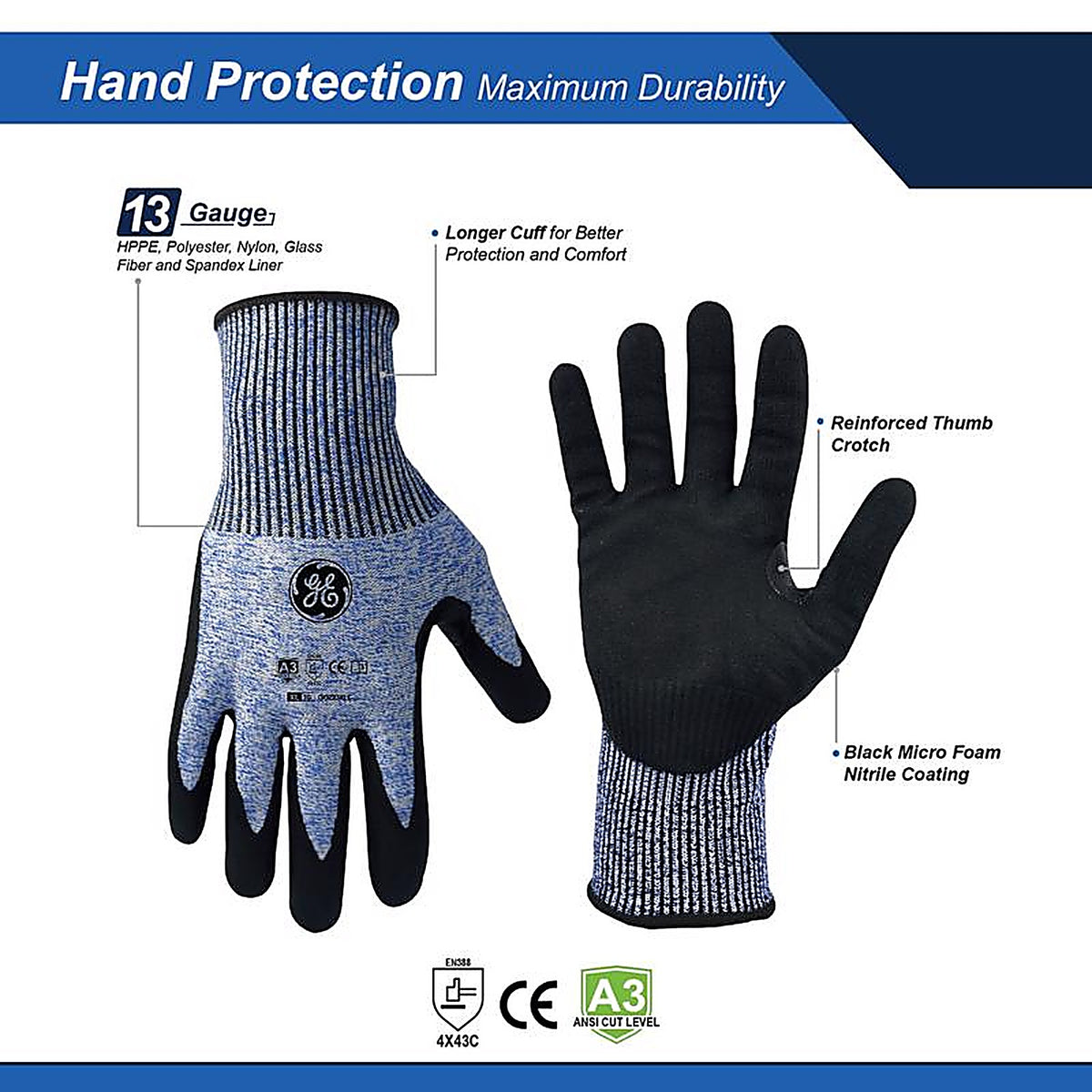 GE - GG223XLC - Unisex Dipped Gloves Black/Blue XL 1 pair