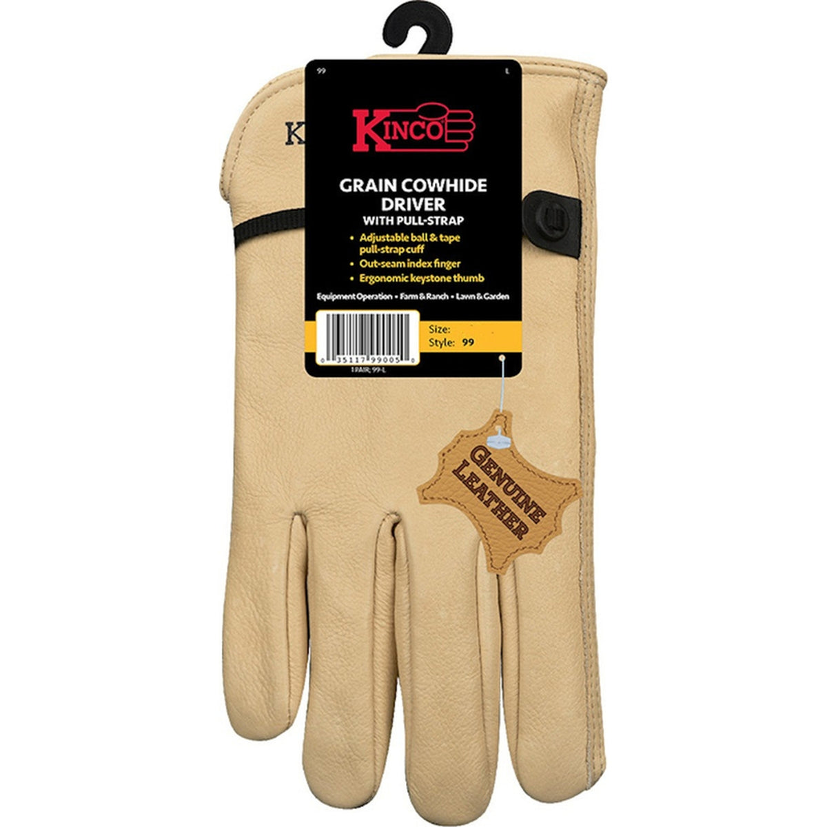 Kinco - 99-XL - Men's Indoor/Outdoor Full Grain Driver Gloves Tan XL 1 pair