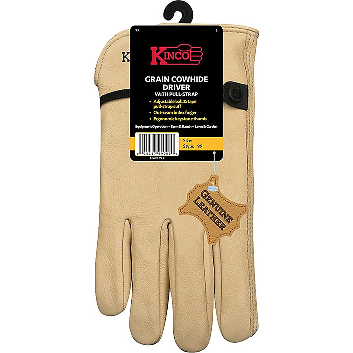 Kinco - 99-L - Men's Indoor/Outdoor Full Grain Driver Gloves Tan L 1 pair