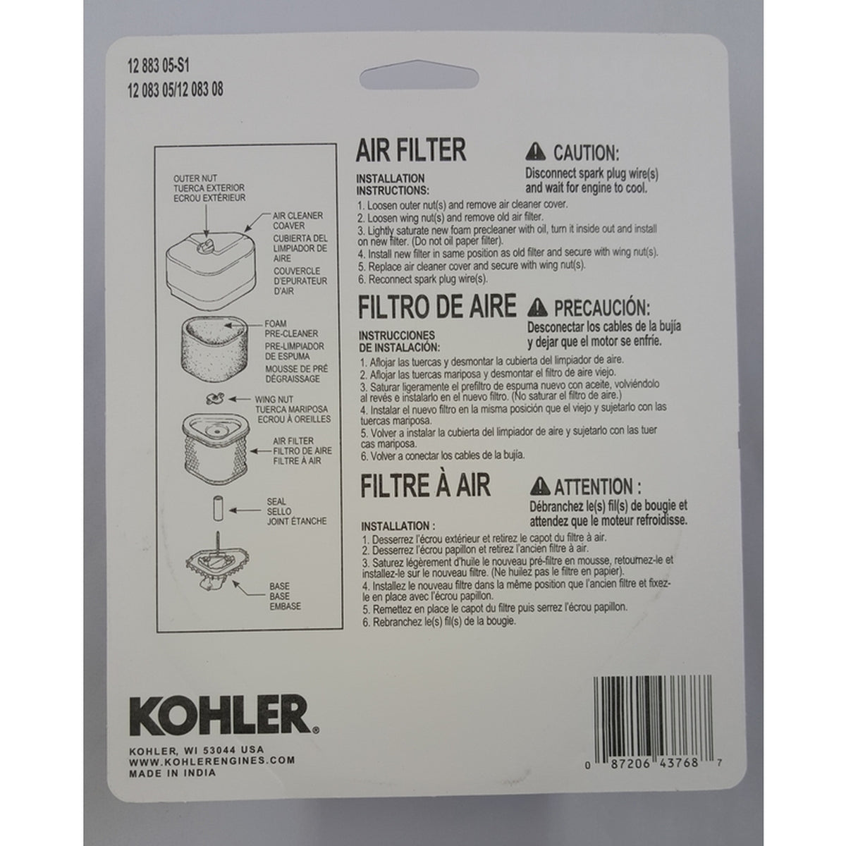 Kohler - 12 883 05-S1 - Small Engine Air Filter For CV11-16