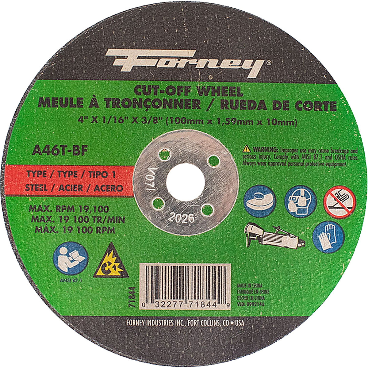 Forney - 71844 - Cut-Off Wheel, Metal, Type 1, 4 Inch X 1/16 Inch X 3/8 Inch